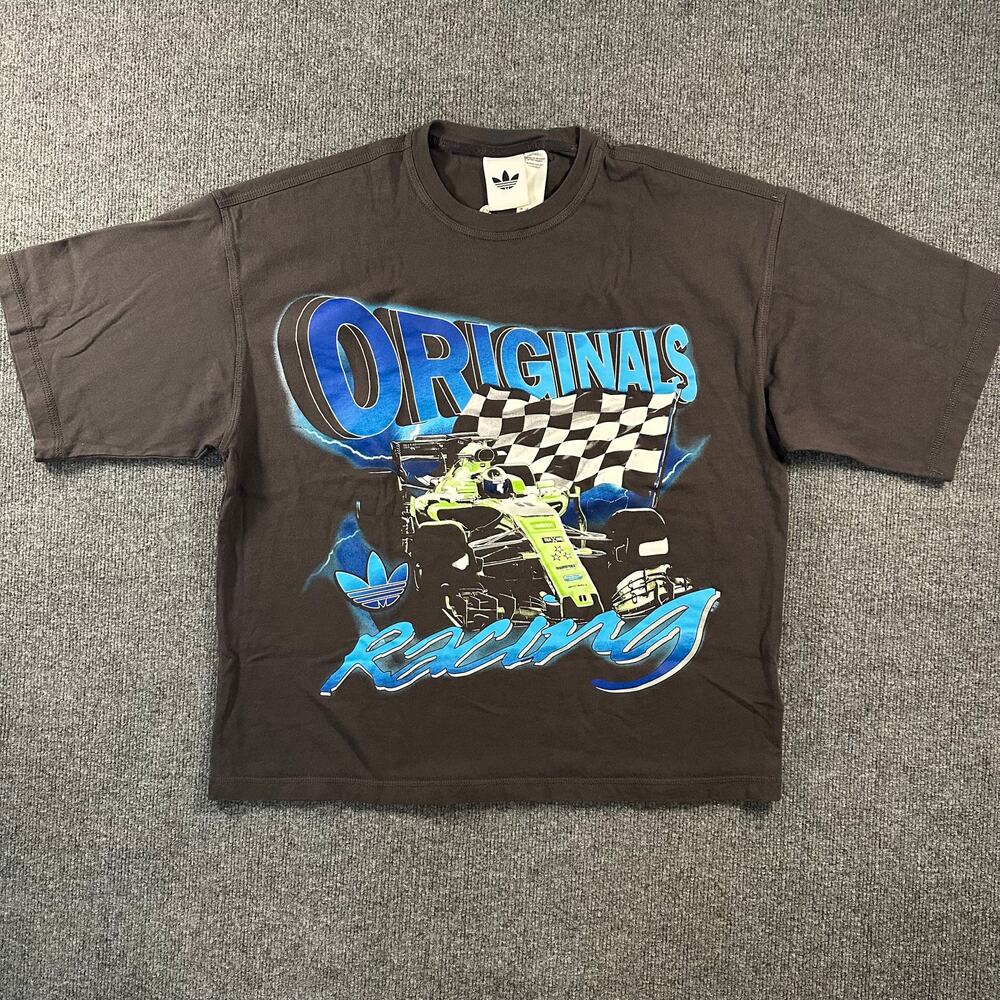 Adidas Original Men's Boxy Slub T-Shirt Y2K Retro Indy Racecar Checkered Flag M